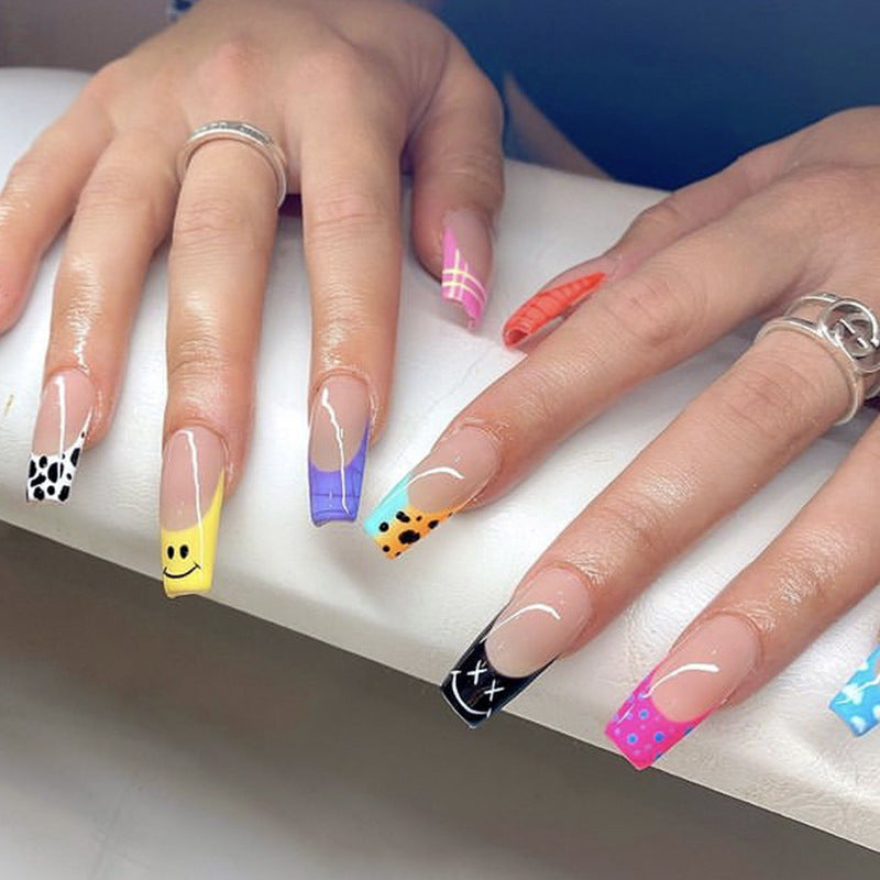 Summer Vibes Long Coffin Multicolor Press On Nail Set with Playful Patterns