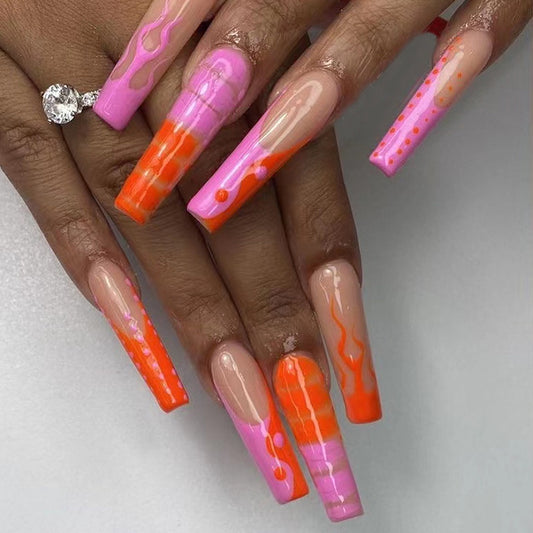 Tropical Sunset Long Coffin Pink and Orange Press On Nails with Flame Accents