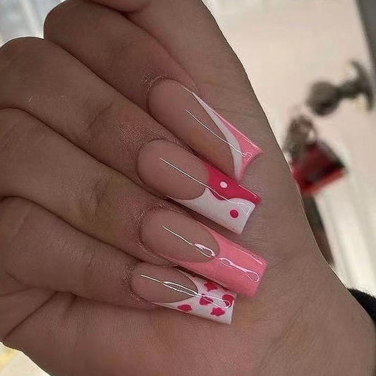 Valentine's Day Long Square Pink and White Heart Design Press On Nail Set with Accented Feature