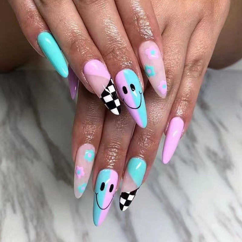 Whimsical Wonderland Long Stiletto Pastel Pink and Blue Press On Nail Set with Smiley Faces and Checkered Patterns