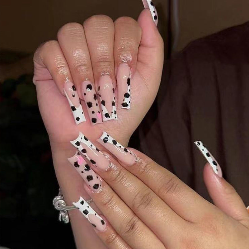 Dalmatian Delight Extra Long Coffin White Press On Nails with Black Spots and Charm Accents