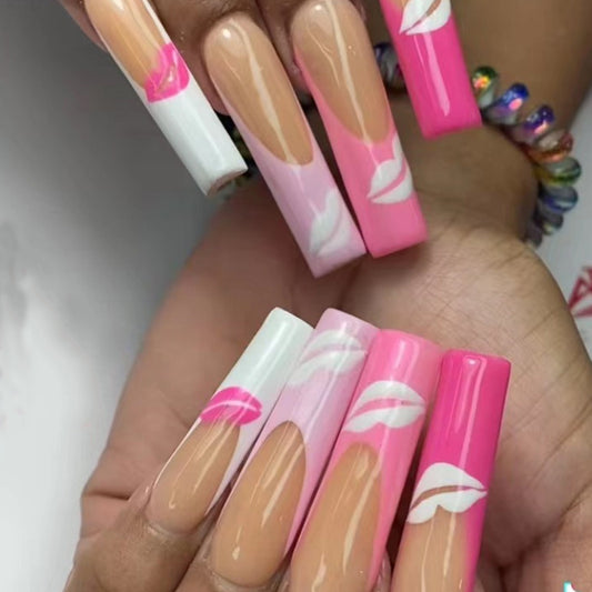 Tropical Swirl Long Square Pink and White Ombre Press On Nail Set with Swirling Design Accents