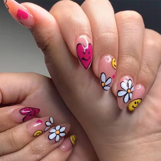 Spring Fantasy Medium Oval Pink Press On Nail Set with Daisy and Bee Artwork