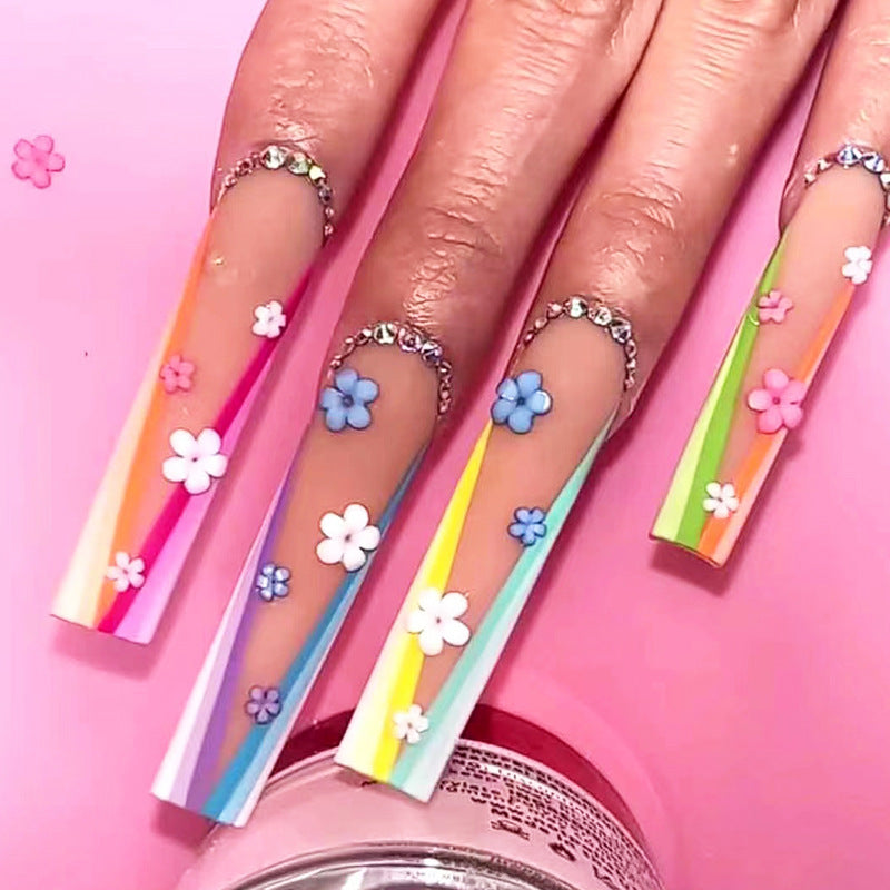 Summer Blossom Extra-Long Coffin Multicolored Rainbow Gradient Press-On Nail Set with Floral Accents