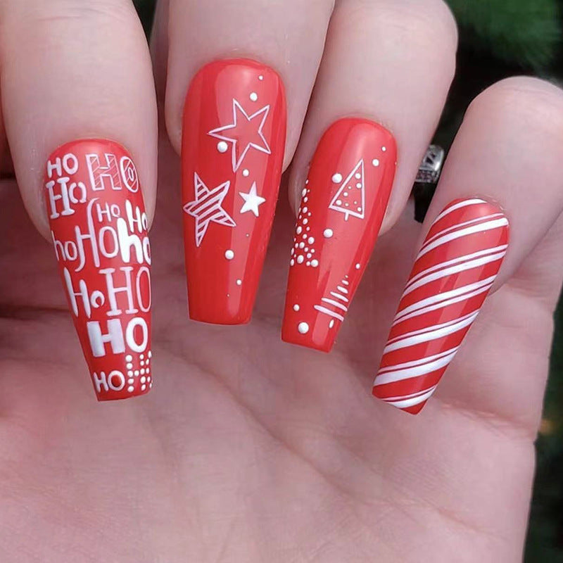 Yuletide Festivity Long Coffin Red Christmas Themed Press On Nail Set with Holiday Graphics Design