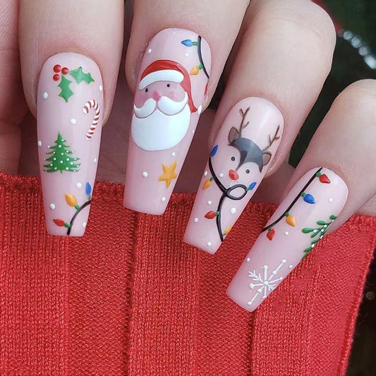 Holiday Festivities Long Coffin Light Pink Press On Nail Set with Christmas Characters Design