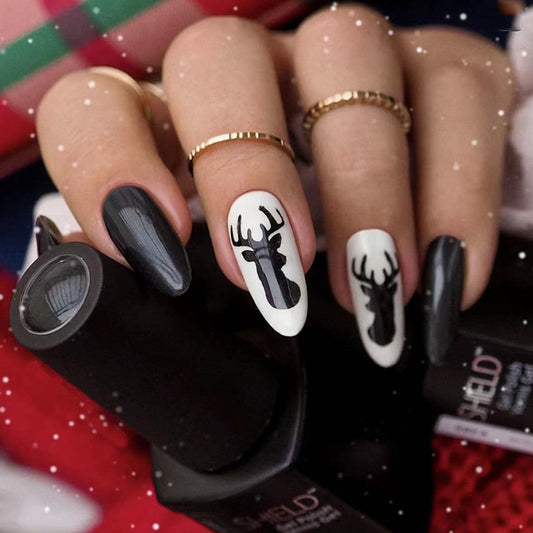 Winter Wonderland Long Almond Black and White Reindeer Design Press On Nail Set