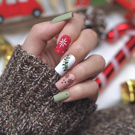 Winter Wonderland Medium Square Red Green and White Christmas Themed Press On Nail Set with Festive Decorations