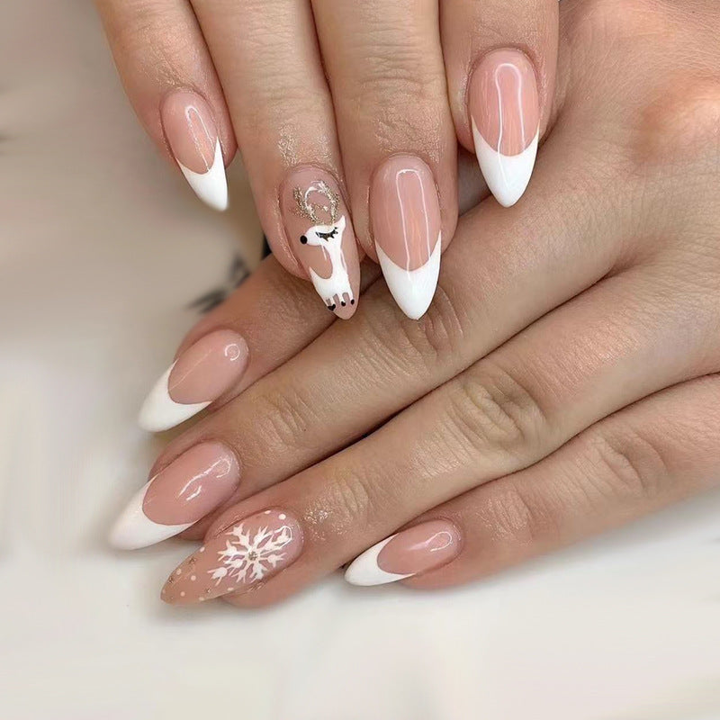 Winter Elegance Long Almond-Shaped Press On Nail Set in Beige and White with Snowflake Accents