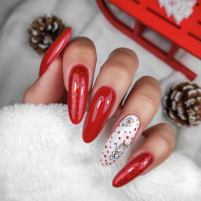 Winter Wonderland Long Almond Red Press On Nails with Glitter Accents and Snowflake Designs