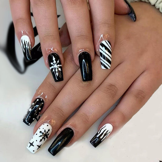 Winter Wonderland Long Coffin Black and White Press On Nail Set with Snowflake Accents