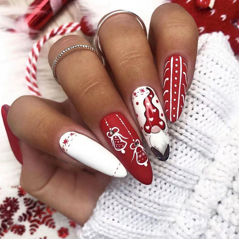 Winter Wonderland Long Almond Red and White Press On Nail Set with Festive Gnome Art Design