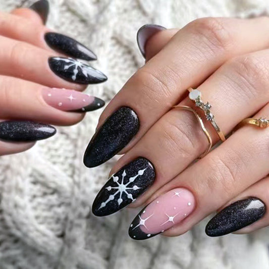 Starry Night Galaxy Long Almond Black Press On Nail Set with Sparkling Constellation Accents