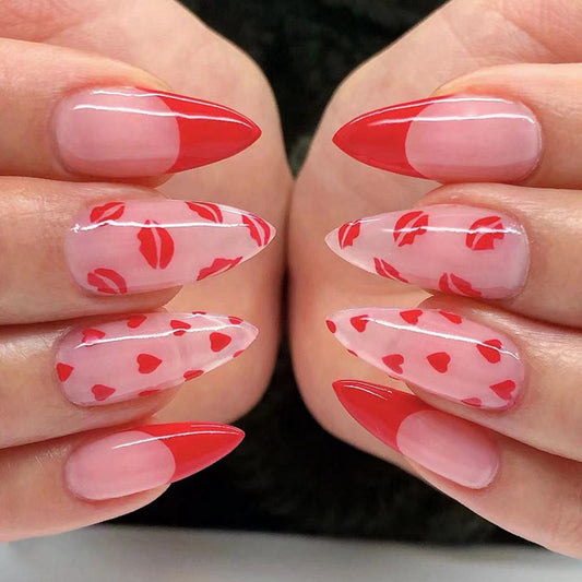 Valentine's Romance Long Almond Red and Transparent Press On Nail Set with Heart Accents