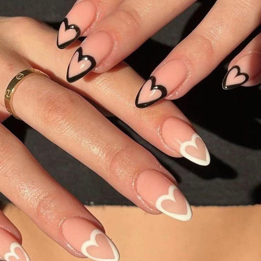 Valentine's Romance Long Almond Beige Press On Nails with Black and White Heart Accents