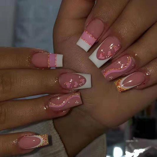 Starry Elegance Long Coffin Pink Press On Nail Set with White Accents and Gold Glitter Detail