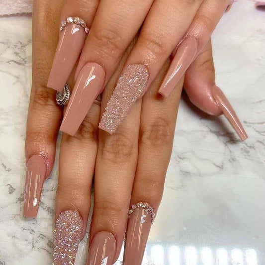 Glamorous Elegance Long Coffin Beige Pink Glitter Accented Press On Nail Set