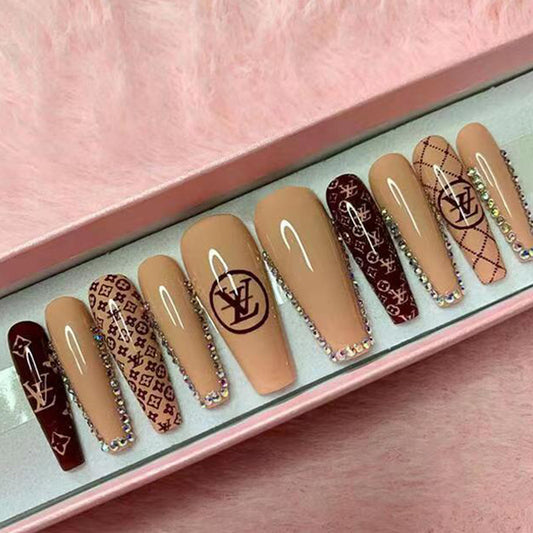 Luxury Fashionista Long Coffin Beige and Brown Designer Logo Press On Nail Set with Rhinestone Accents