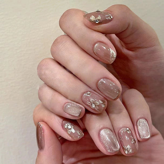 Elegant Affair Long Square Taupe Glitter Press On Nails with Floral Accents Set