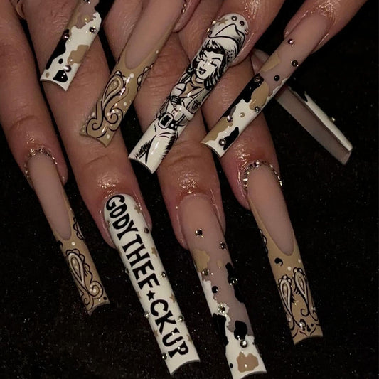 Wild West Inspired Long Square Press On Nails in Beige and White with Funky Cowgirl Art and Glitter Accents