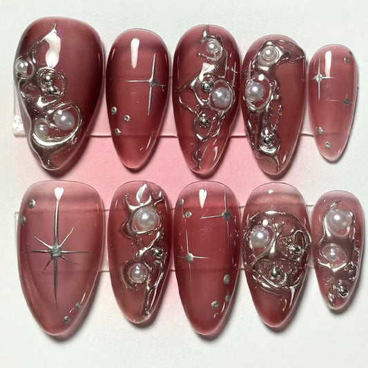 Celestial Glamour Long Almond Pink Press On Nail Set with Pearl and Silver Accents