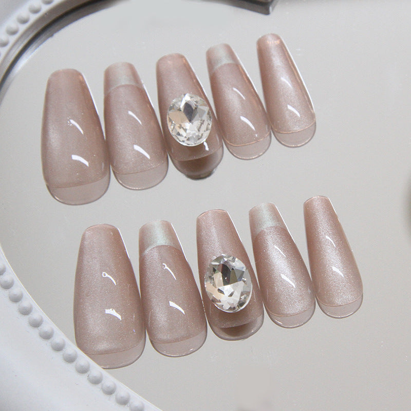 Glamorous Evening Glow Long Coffin Blush Beige Press On Nail Set with Radiant Gemstone Accent