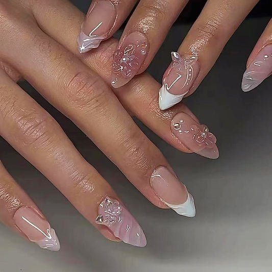 Whimsical Floral Dreams Long Stiletto Pink and White Press On Nail Set with Unique 3D Flower Accents