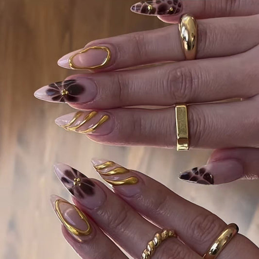 Glamorous Floral Chic Long Stiletto Beige and Brown Press On Nail Set with Gold Swirls and Unique Designs