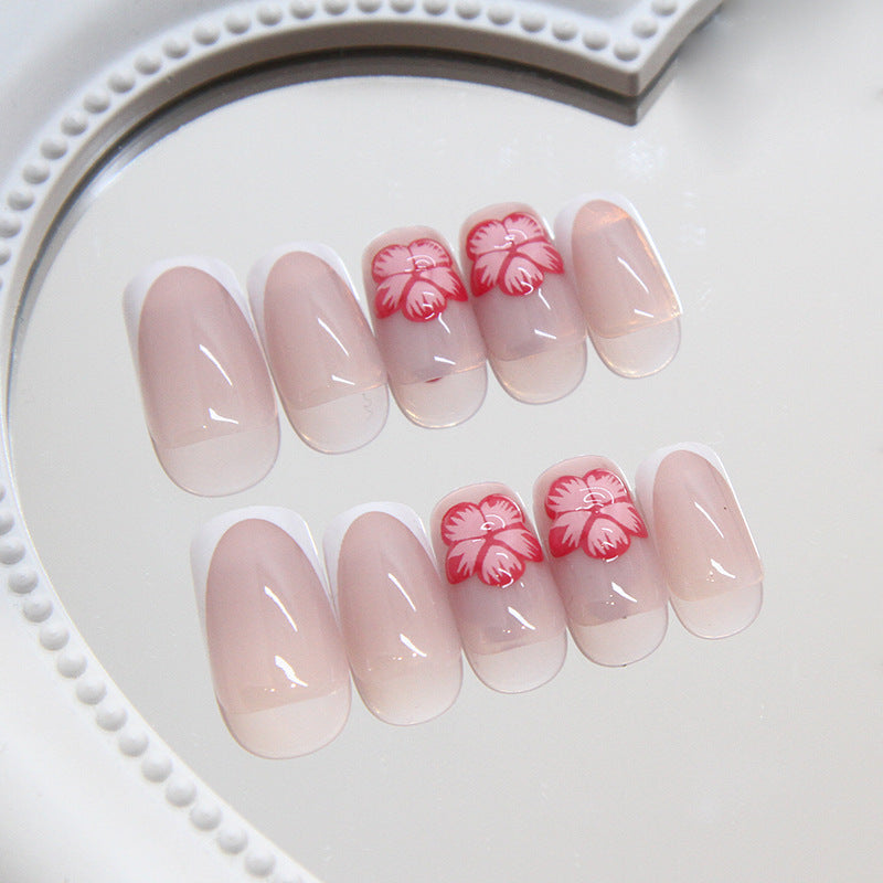 Floral Elegance Long Square Pink Ombre Press On Nail Set with Charming Red Flower Art