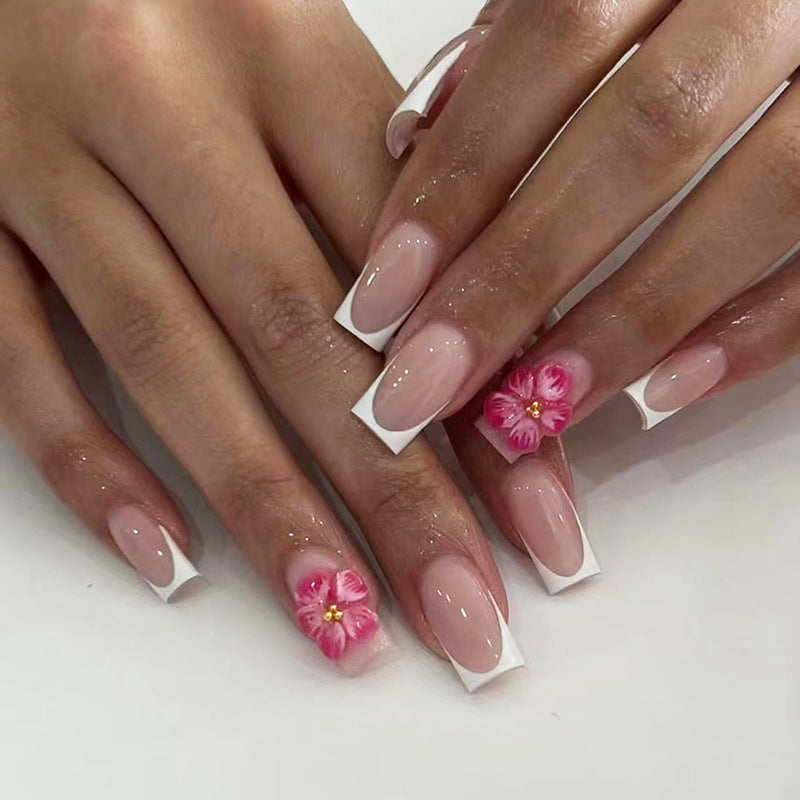 Blossoming Elegance Long Square Pink and White Press On Nail Set with Floral Accents