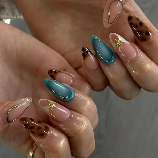 Tropical Glamour Long Almond Shape Blue and Brown Press On Nail Set with Gold Accents and Unique Design Elements