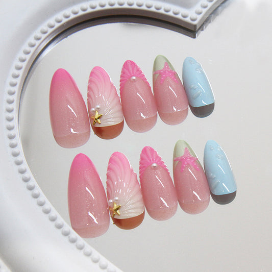 Ocean Breeze Long Almond Press On Nail Set Pink and Blue with Seashell and Starfish Accents