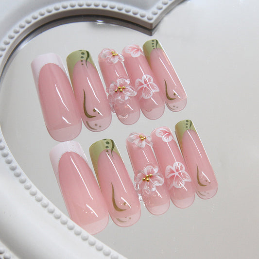 Garden Blossom Long Square Pink and Green Press On Nail Set with Floral Accents