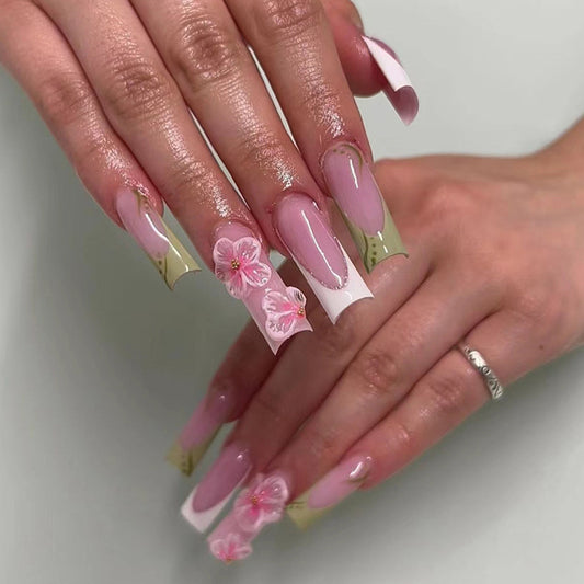 Cherry Blossom Elegance Long Square Shaped Pink Press On Nail Set with Floral Accent Design