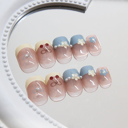 Cherry Blossom Delight Square Press On Nail Set Medium Length Soft Pink and Blue with Floral and Pearl Accents