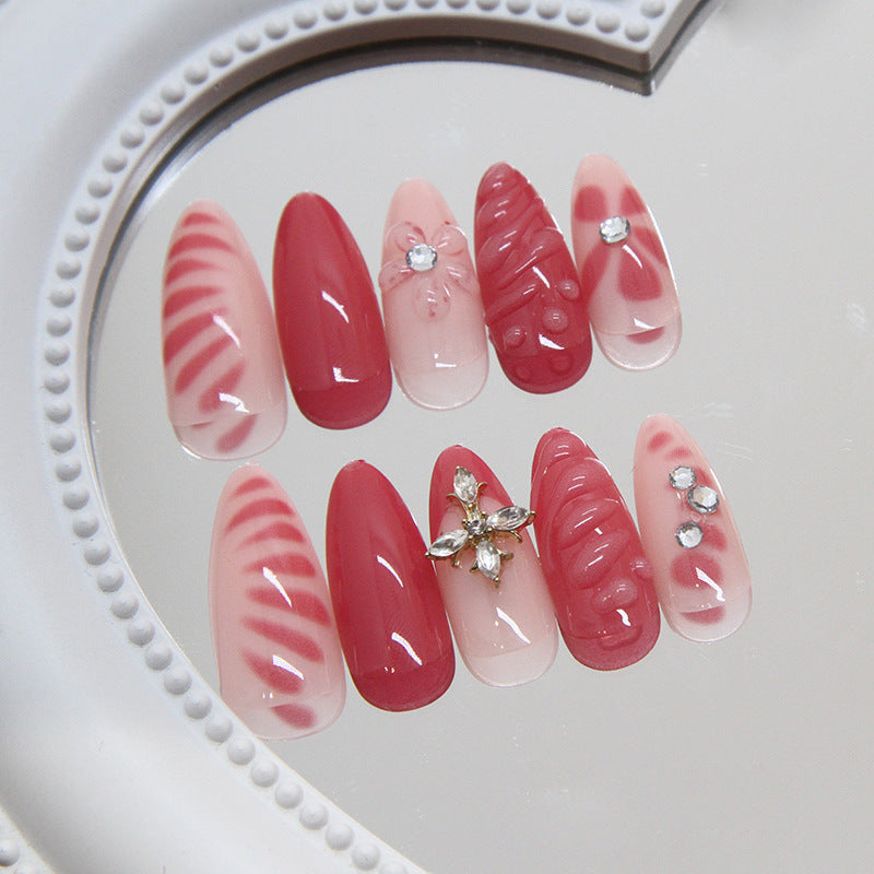 Chic Romance Long Stiletto Red and Pink Press On Nail Set with Floral and Rhinestone Accents