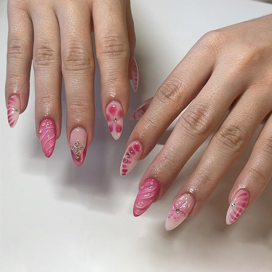 Charming Sweetheart Press On Nail Set Long Stiletto Pink Ombre with Glitter Gems and Swirled Designs