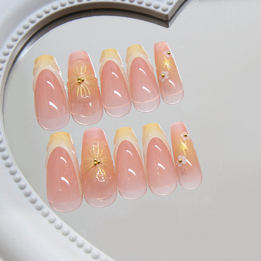 Elegantly Floral Long Square Pink Press On Nail Set with Stunning Gold Accent and Floral Details