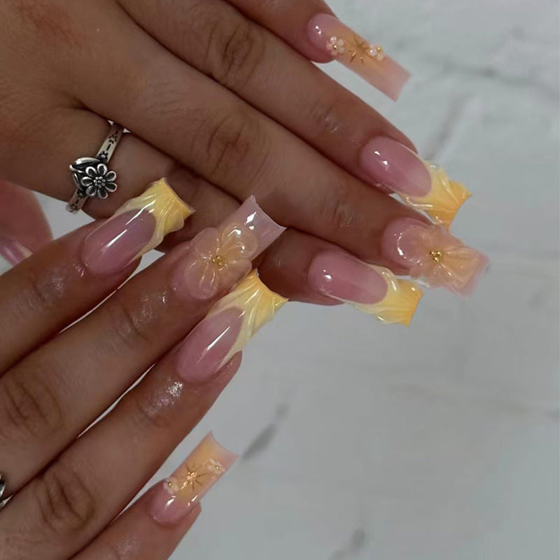 Tropical Sunshine Long Square Press On Nail Set in Pastel Pink and Yellow with Floral Design and Glitter Accents