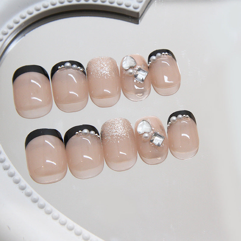 Chic Elegance Medium Square Blush Pink Press On Nail Set with Black Tips and Embedded Pearls and Gems