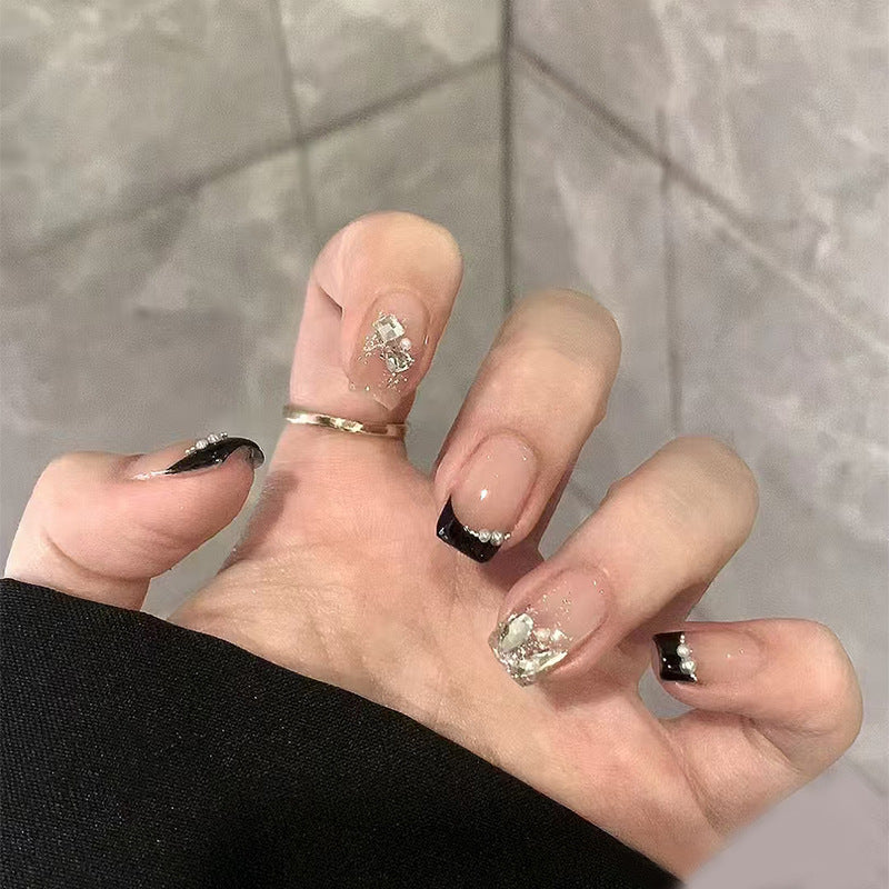 Glamorous Black and Clear Medium Square Press On Nail Set with Sparkling Gem Accents