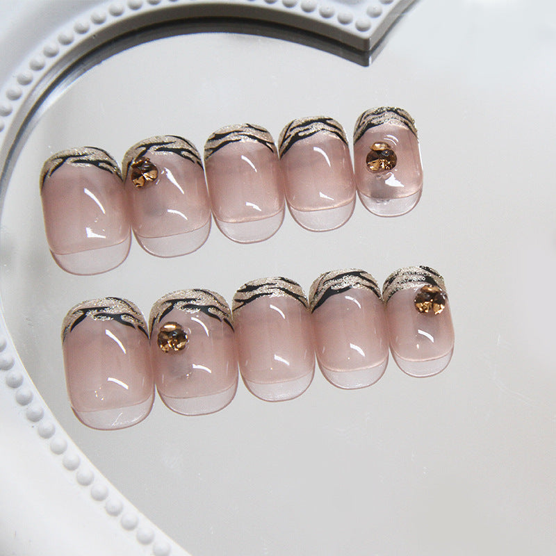 Elegant Rose Gold Twinkle Medium Square Press On Nail Set with Gorgeous Gold Tip Design and Rhinestone Accent