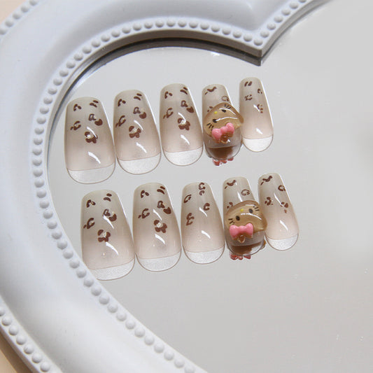 Cute Animal Theme Long Coffin Beige Nails with Adorable Cartoon Character Accent for Fun Nail Art Enthusiasts