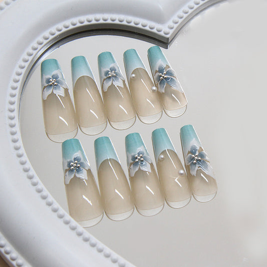 Blossom Dreams Long Coffin Mint Green Ombre Press On Nail Set with Floral Accent and Pearl Details