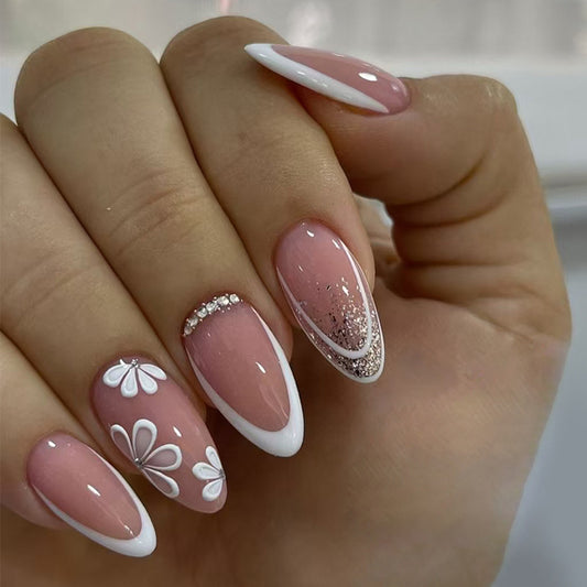 Floral Dream Long Almond Pink and White Press On Nail Set with Glitter and Flower Designs