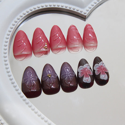 Charming Floral Elegance Long Almond Press On Nail Set in Pink and Brown with Intricate Flower Designs