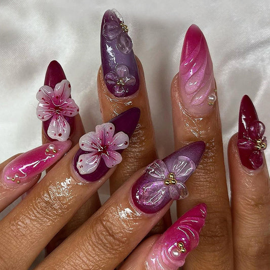 Blossoming Elegance Long Almond Shape Ombre Pink and Purple Press On Nail Set with Floral 3D Art