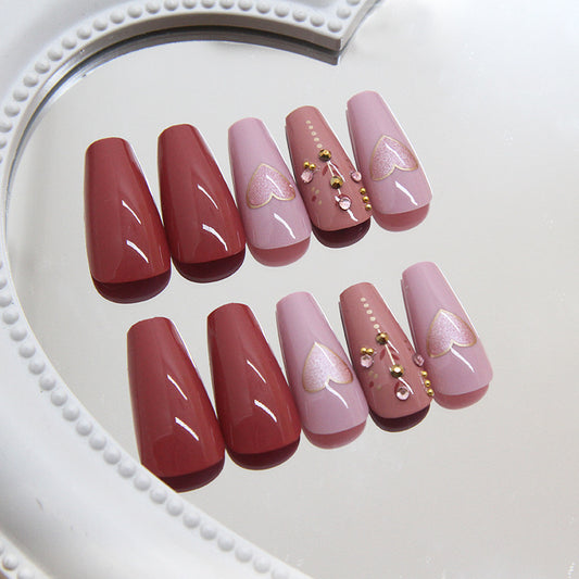 Romantic Heartbeat Long Square Press On Nail Set in Burgundy and Soft Pink with Gold Accents and Heart Designs