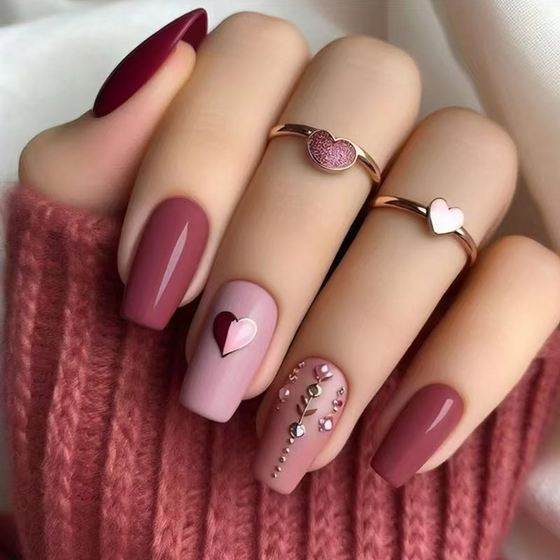 Romantic Heartbeat Long Square Burgundy and Pink Press On Nail Set with Glittering Heart Accents