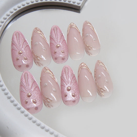 Elegant Blossom Pink Almond Press On Nail Set Long Glossy Shape with Pearlescent Accents